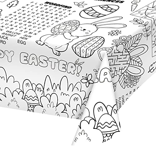 Gatherfun Disposable Easter Color-in Paper Tablecloth Decoration，Happy Easter Paper Table Cover for Children School Party Decor-54 x 88 in，1 pcs
