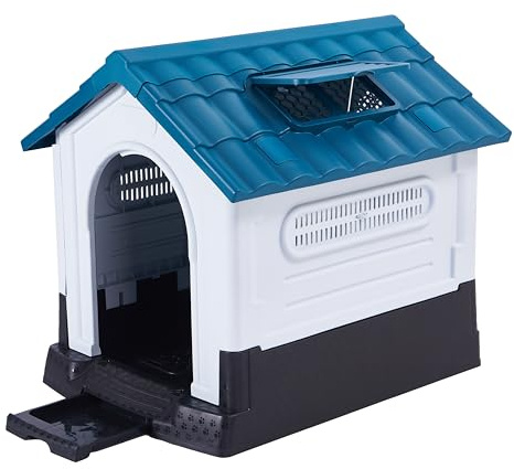 Lanco - Caseta para Perros Pequeños con Techo Regulable y WC. Uso Interior y Exterior con Rejillas de ventilación. Material Resistente. 68x55x66cm. Azul y Blanco.
