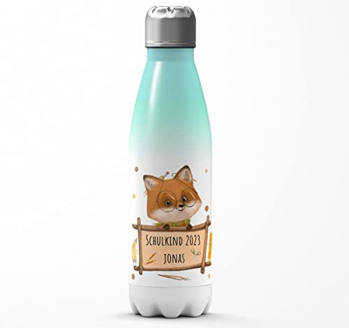 Mikalino Kinder Edelstahl Trinkflasche Schulkind Fuchs mit Namen Einschulung Geschenk Geschenkideen Thermosflasche Mädchen Junge, Farbe:aquaweiss, Grösse:500ml