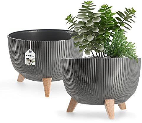 KADAX Vaso Rialzato 33 cm in Plastica per Piante da Interno ed Esterno, Coprivaso Decorativo con Piedistallo Simil-Legno e Design Moderno (Grigio Scuro)