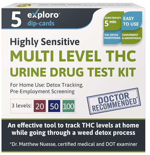 Exploro Multi Level THC Drug Test Kit – 3 Level Marijuana & Weed Test at Home (20, 50, 100 ng/ml) – Urine THC Test Strips for Detox Cleanse Monitoring, Pre-Employment & Personal Use (Pack of 5)