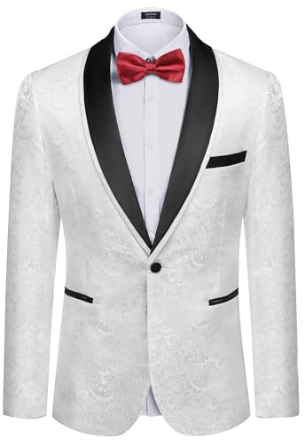 COOFANDY Men's Floral Tuxedo Suit Jacket Slim Fit Dinner Jacket Party Prom Wedding Blazer Jackets White