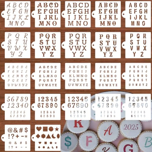 Alphabet Letter Stencils for Cookies Decorating - 22 Pack Letter Number Stencil Templates for Cakes Cookies Royal Icing Airbrush, Reusable Stencils for Wood Fabric Crafts Painting & Cake Cookie Baking