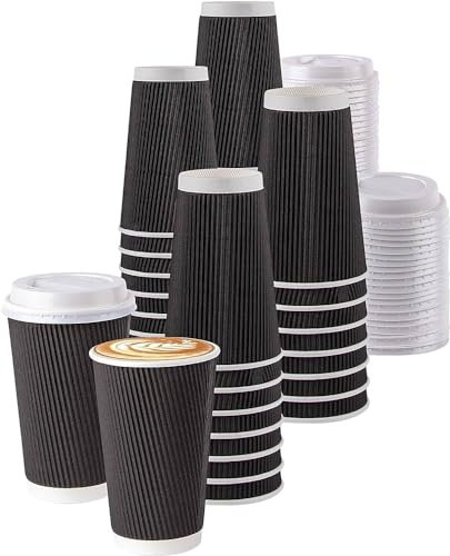 HOT BARGAINS 16oz Black Ripple Kraft Paper Cups with Lids, Triple Wall Insulated for Hot and Cold Drinks, Pack of 50