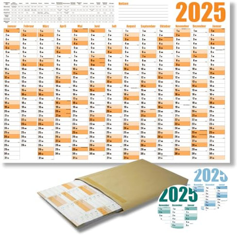 Jahresplaner 2025 Wandkalender - DIN A1 Wandplaner Orange - Großer XXL Jahreskalender gefaltet - mit Feiertage und Schulferienübersicht - Plakatkalender optimaler Urlaubsplaner (Orange, 1)