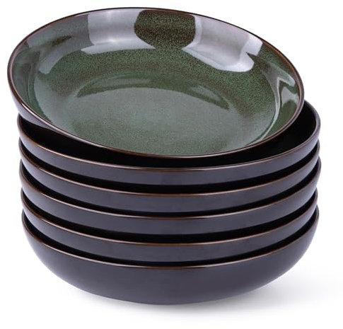 LeRatio Grands bols à pâtes 22 cm, lot de 6 assiettes profondes en grès, bols à soupe et nouilles modernes, résistants aux rayures, passent au micro-ondes et au lave-vaisselle, vert jade