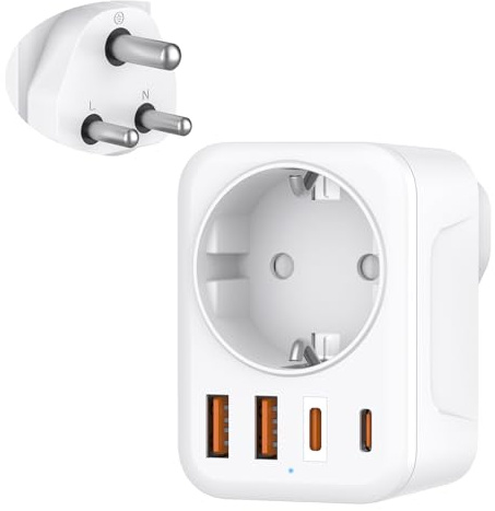 Denlane Reiseadapter Indien, 5 in 1 Adapter Sri Lanka mit 1 AC & 2 USB-C & 2 USB-A(3.4A), 3-Polig Reisestecker Typ D für Indien, Bangladesch, Irak, Nepal, Nigeria Typ D