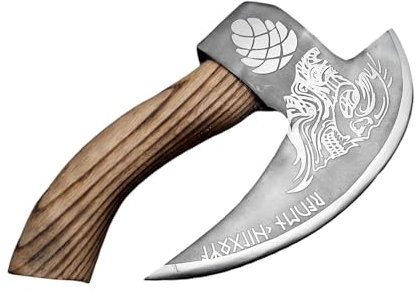 Chigoza Handmade Carbon Steel Pizza Cutter | Viking-Inspired Pizza Slicer with Ash Wood Handle & Leather Wrapping | Norse Rune Design | Durable Blade & Leather Sheath (Silver Etched)