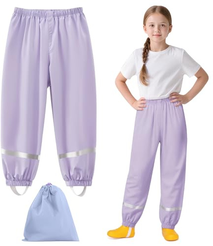 Kids Waterproof Rain Trousers, Lightweight Rain Trousers with Reflective Strip, Mud Dirty Proof Pants Outdoor Windproof Rainwear Pants for Boys and Girls School Play Cycling (Rose Red, Purple)