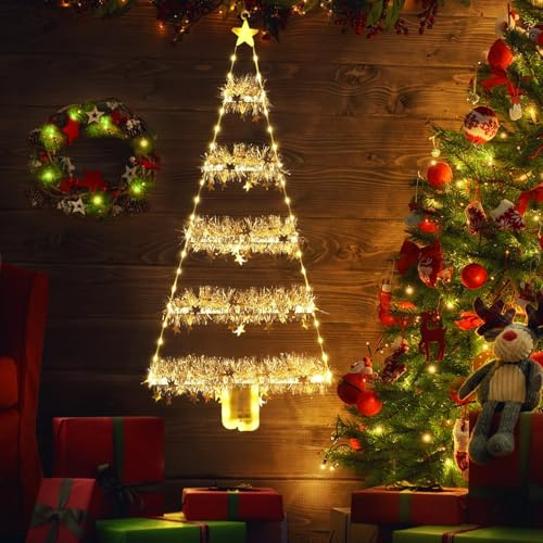 Geemoo Luci natalizie a batteria esterna, 81 cm, albero di Natale, catena luminosa con ghirlanda, timer, 8 modalità, luce bianca calda, per interni, finestre, feste, matrimoni, porte, decorazioni