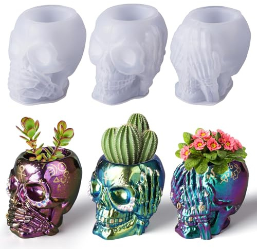Lot de 3 moules en silicone en forme de tête de mort pour résine époxy, crâne d'Halloween 3D, moules en silicone pour arroser des pots de fleurs, vase d'Halloween, figurines en résine, décoration pour
