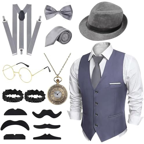 Luckyou Costume Anni 20 Uomo Peaky Blinders Costume Vestito Gilet Anni 20 Accessori con Bretelle Orologio da Tasca Baretto per Carnevale Halloween Cosplay-Grigio-L