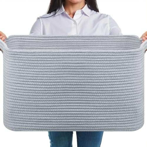 JOJOSEE Large Storage Basket, Blanket Basket for Clothes Bedding, Woven Storage Baskets, Toy Storage for Kids, Rope Basket for Living Room, Nursery, Bedroom 55x38x30 cm (Grey, 1 Pack)