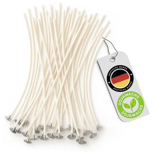 FALKENHORN 100 stoppini per candele, 10 cm, pre-cerati con cera di soia, cotone con base in metallo, a bassa fuliggine, resistenti e puliti, perfetti per candele, bicchieri e lumini fai da te
