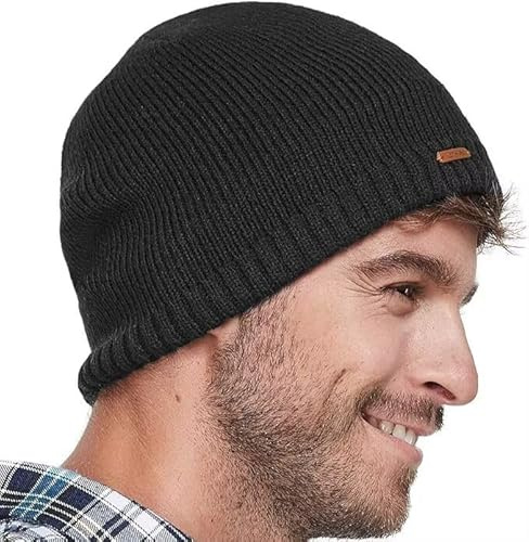 Bonnet unisexe en laine extensible doux avec doublure épaisse et chaude, chapeau d'hiver classique, bonnet de ski en tricot de couleur unie, cadeau pour femme/homme/elle/lui/papa, Noir , Taille unique
