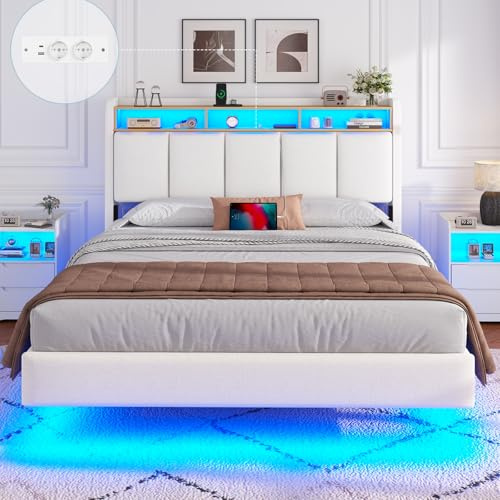 Lit Flottant 140×190 cm avec multiprise (2 Prises, 1 USB-A, 1 USB-C) et éclairage LED, Lit 140 x 190 avec sommier et tête de lit rembourrée, Une étagère et 3 Compartiments, Solide et Stable, Blanc