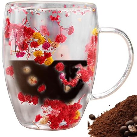 SVCEQZE Tasse À Café Fleurs Séchées Double Couche, 350ml Verre À Double Paroi Avec Fleurs Séchées, Tasses À Café En Verres À Motif Séchée, Tasses En Verre Anti-brûlure À Poignée Ergonomique