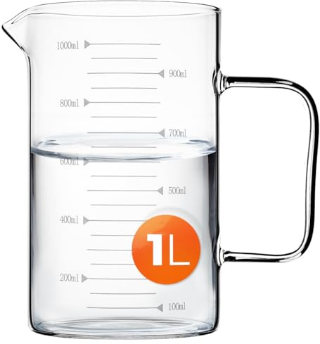 KADAX Jarra medidora de cristal de 1 litro, vaso medidor de vidrio de borosilicato resistente al calor, vaso medidor de cristal con boquilla, mango y escala fácil de leer, apto para lavavajillas
