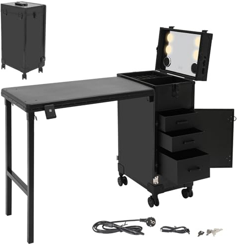 Sminkväska för sminkbord, hopfällbart manikyrbord med 3 lådor, LED-spegel och nyckel, multifunktionell väska med 4 hjul, upp till 50 kg (svart)