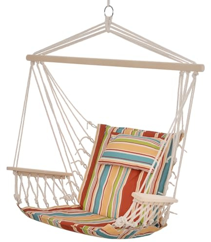 Outsunny Hängesessel Hängeschaukel mit Querstrebe und Kissen Deckenhaken Gestell Hängestuhl bis 100kg belastbar Hängesitz für Indoor Outdoor Garten Terrasse Mehrfarbig