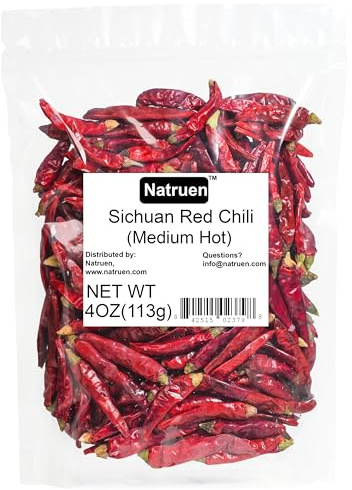 Natruen Whole Dry Szechuan Chinese Red Chili Pods 4 Oz (Medium Hot), Spicy Sichuan Dried Red Hot Chilies for Chili Oil, Paste, and Sauce