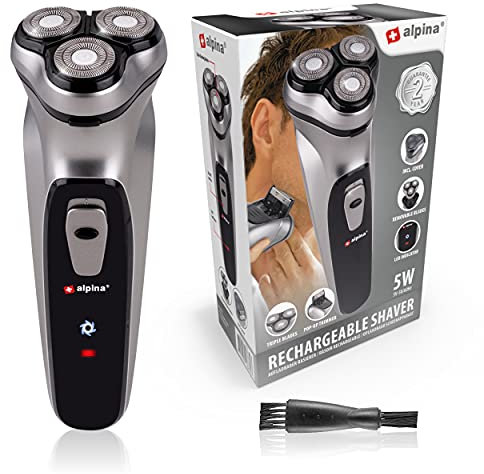alpina Rasoio da uomo - Batteria USB - 3 testine galleggianti - Trimmer pop-up - con spazzola per la pulizia e cappuccio protettivo - Cavo USB