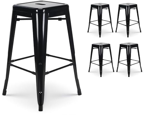 Kosmi Lot de 4 tabourets de Bar en métal Noir Brillant, Hauteur 66 cm