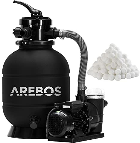 AREBOS Sandfiltersystem med pump | 400 W | 10 200 l/h | tankvolym upp till 20 kg sand | 4 – vägs ventil med handtag | med tryckmanometer | inkl. 1400 g filterbollar | svart