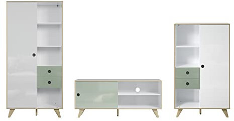 Inter-Furn Wohnzimmer Medienwand Anbauwand Wohnwand Adelaide, 355 x 188 x 40 cm Weiß/Grün Hochglanz mit Schiebetüren