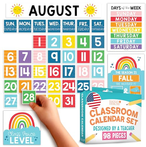 Hadley Designs Classroom Calendar Set Bulletin Board Decorations - Colorful School Calendar for Classroom Decor, Kindergarten Preschool Elementary Teacher Must Haves, Homeschool & Daycare Essentials