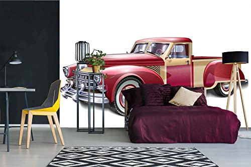 DIMEX LINE Non-Woven Photo Wallpaper RED Retro CAR 375 x 250 cm - Non-Woven Wallpaper, wall Mural, wall Pictures - Wallpaper for Living Room, Bedroom, Office, Kitchen