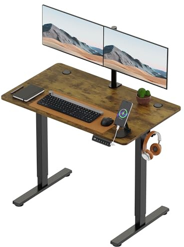 VonHaus Electric Standing Desk, USB-C Charging Height Adjustable Sit Stand Desk with Anti-Collision, Height Preset Technology & Cable Management, Dark Wood Two Piece Desktop & Steel Frame, 100x60cm