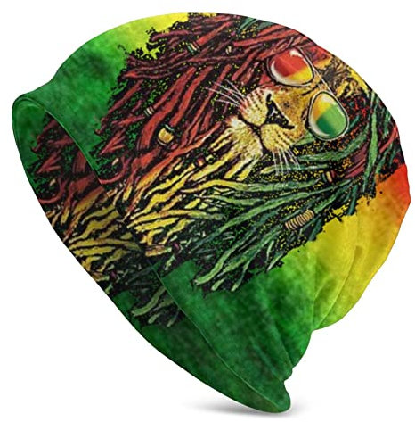 xinchenxin Jamaikanische Rasta Reggae Judah Löwe Beanie Mütze für Herren/Damen, Slouchy Beanie Skullies Cap Winter Stretch Acryl Strickmütze, Reggae Rasta Lion Jamaica Rock Music Lover, Einheitsgröße