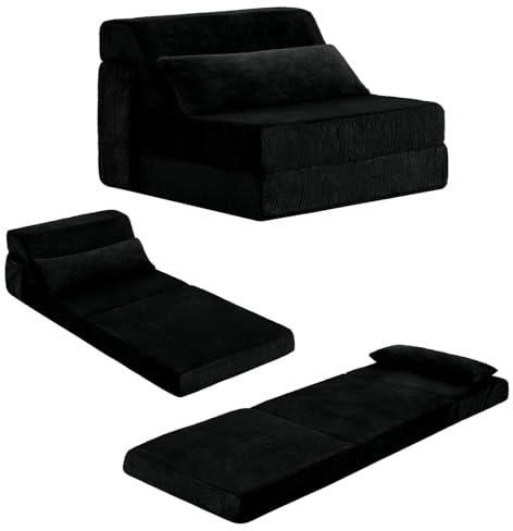 SESHINELL Folding Sofa Bed with Pillow, 4-in-1 Floor Couch Sleeper Chair, Fold Out Guest Mattress Chair Bed with Side Pocket, Boneless Couch for Living Room, Dorm, Home Office, 70X200X12.5CM, Black