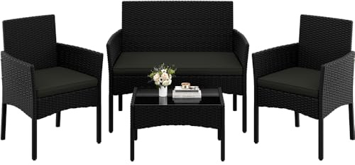 Yaheetech 4-er Gartenmöbel Set Balkonmöbel Set aus Polyrattan Terassenmöbel Außen mit 2er Sofa, 2 Stühle, Tisch & Sitzkissen für Terrasse/Balkon/Garten, Schwarz & Grau