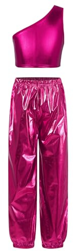 Freebily Conjunto De Baile Jazz Para Niñas Top Metálico + Pantalones De Chándal Cintura Alta Traje Danza Moderna Hip Hop Rosa roja 7-8 años