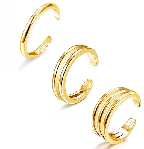 Chriscoco 3 Pcs 14K Gold Filled Toe Rings for Women Adjustable Toe Ring Set Summer Jewellery 1/2/3 Row