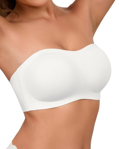 SHARICCA Dam axelbandslös bh push up utan bygel bandeau topp halkfri silikon sömlös bralette med avtagbar axelrem strapless BH, Vit, L
