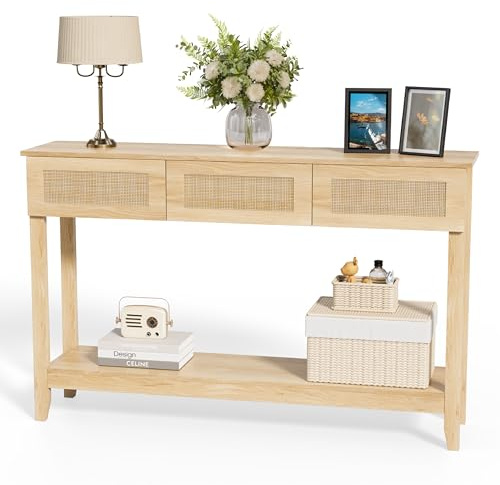 VINGLI 51 Console Table with Drawers, Rattan Entryway Table with Storage Shelf, Narrow Sofa Table, Boho Hallway Table for Living Room, Entrance, Foyer, Behind Couch, Natural Rattan