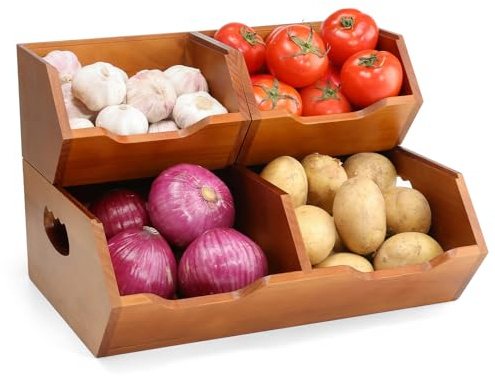 Aquzee 2-Layer Stackable Potato Storage Box, Set of 3, Separable Onion Pot Storage Box, Wood, Kitchen Worktop Organiser for Fruit and Vegetables, Storage, Bread Bin & Fruit Basket