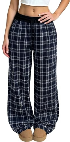 Adigau Pantalon Vintage à Carreaux pour Femme Pantalons Décontracté à Taille Basse Pantalon de Jogging Large à Poches Pantalons Long Y2K Streetwear