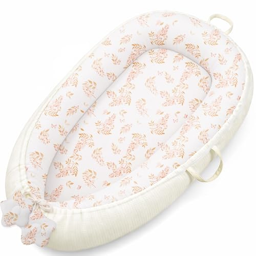 Susurration Baby Nest Pod for Newborn, Portable Smooth Microfiber Baby Lounger Sleep Pod, Baby Essentials Gifts for Boys&Girls Home and Travel (Orange Vine)