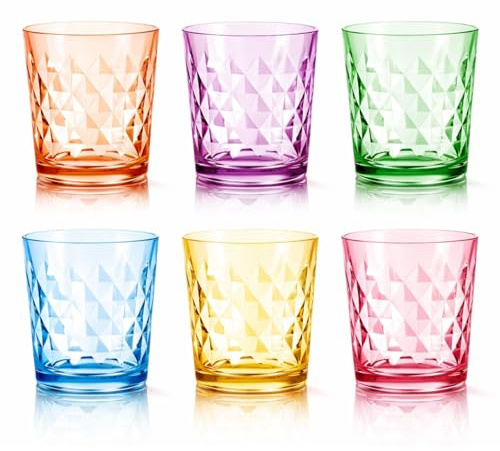 Set de 6 Vasos de Cristal de Colores 360 ml – Vasos de Vidrio Resistentes, No Pierden Color, Aptos para Lavavajillas y Microondas – Diseño Elegante para Agua, Refrescos y Cócteles - Apilables