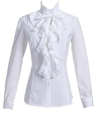 Taiduosheng Women Shirts Lace Ruffle Neck Stand-Up Collar Button Down Blouse Long Sleeve OL Shirt Tops L White