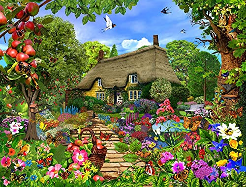 1000 Piece Jigsaw Puzzles For Adults - Thatched Cottage Garden - British Artist | Made in the UK | Recycled Puzzleboard | 66cm X 50cm, Jigsaw Puzzles For Adults