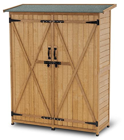 MCombo Outdoor Storage Cabinet with Shelves, Wood Garden Shed with Floor, Outside Tool Shed with 2 Lockable Doors for Yard Patio Lawn, 1400 (Natural)