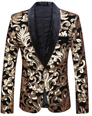 PYJTRL Hombres Moda Terciopelo Lentejuelas Patrón Floral Traje Chaqueta Blazer