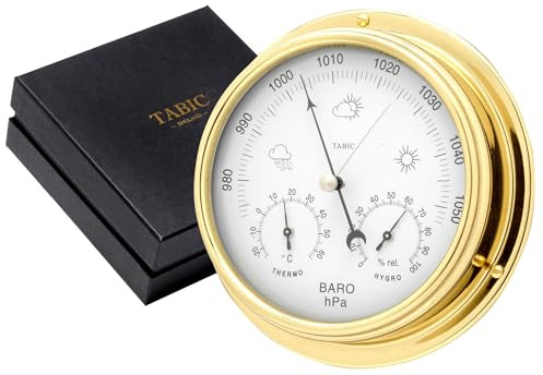Tabic Handcrafted Brass Barometer with Built-in Hygrometer, Thermometer and Nautical Clock - Sailing Ship Yacht, Marine Coastal Decor - Lacquered Brass (1/2 kg) - Temperature and Humidity Reading