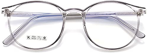 KOOSUFA Blåljusfilter glasögon retro rund ultralätt TR90 glasögonbågar anti-blåljus glasögon utan synlighet kvinnor datorglasögon gaming glasögon anti-trötthet med fodral, Transparent grå, 137mm