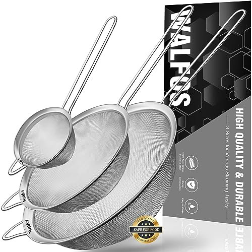 Walfos Metal Sieves and Strainers Set - Stainless Steel Fine Mesh Kitchen Strainer, 3 Sizes: 2.8, 7.87, 4.7 Inches, Dishwasher Safe